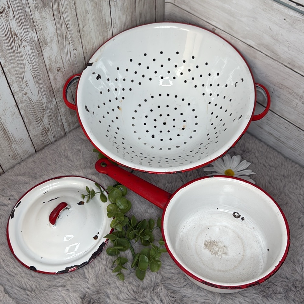 Vintage Red & White Enamel Colander and Saucepan Set